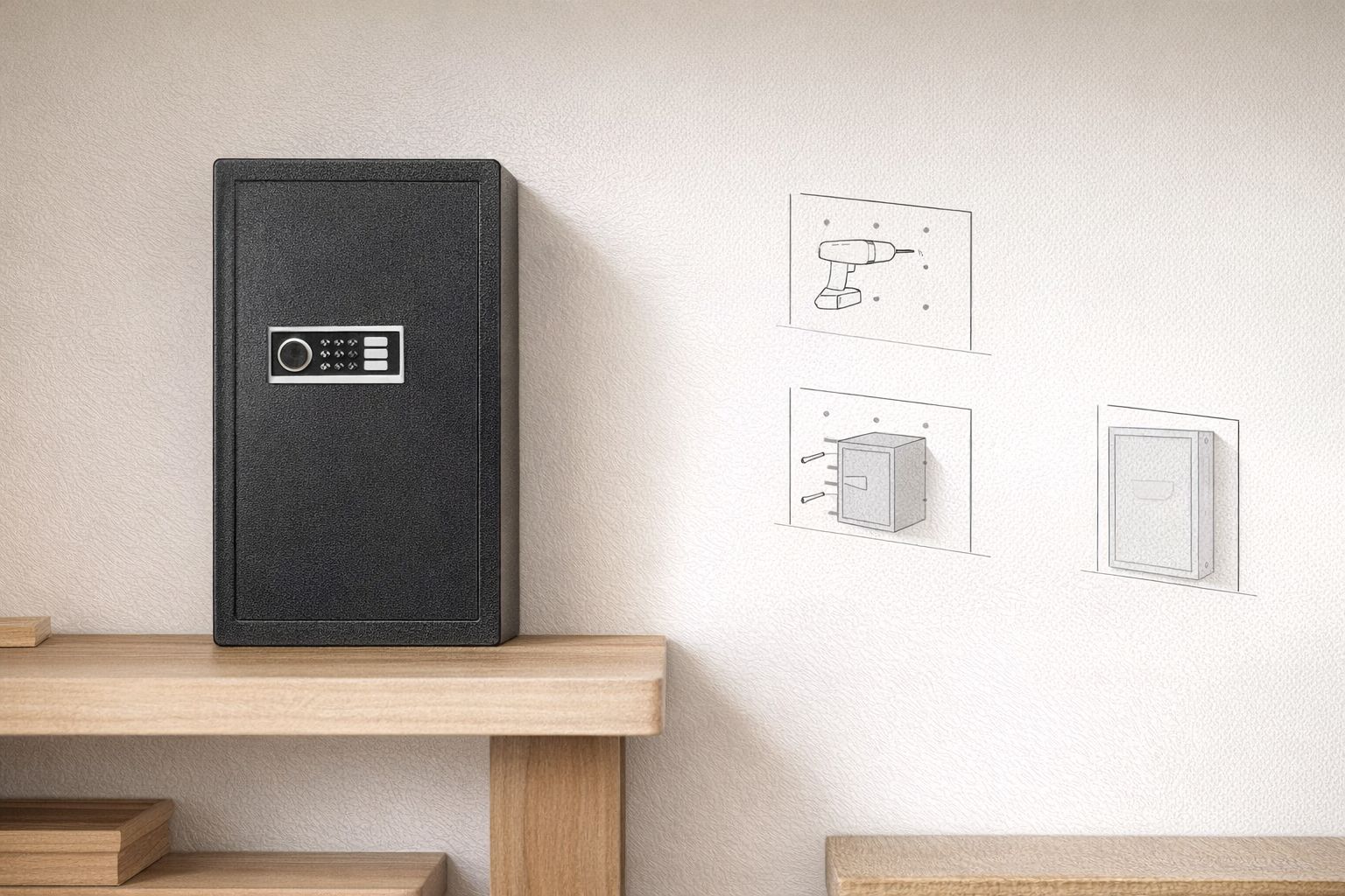 En sort verdisafe på en trehylle med illustrasjoner av montering på veggen.